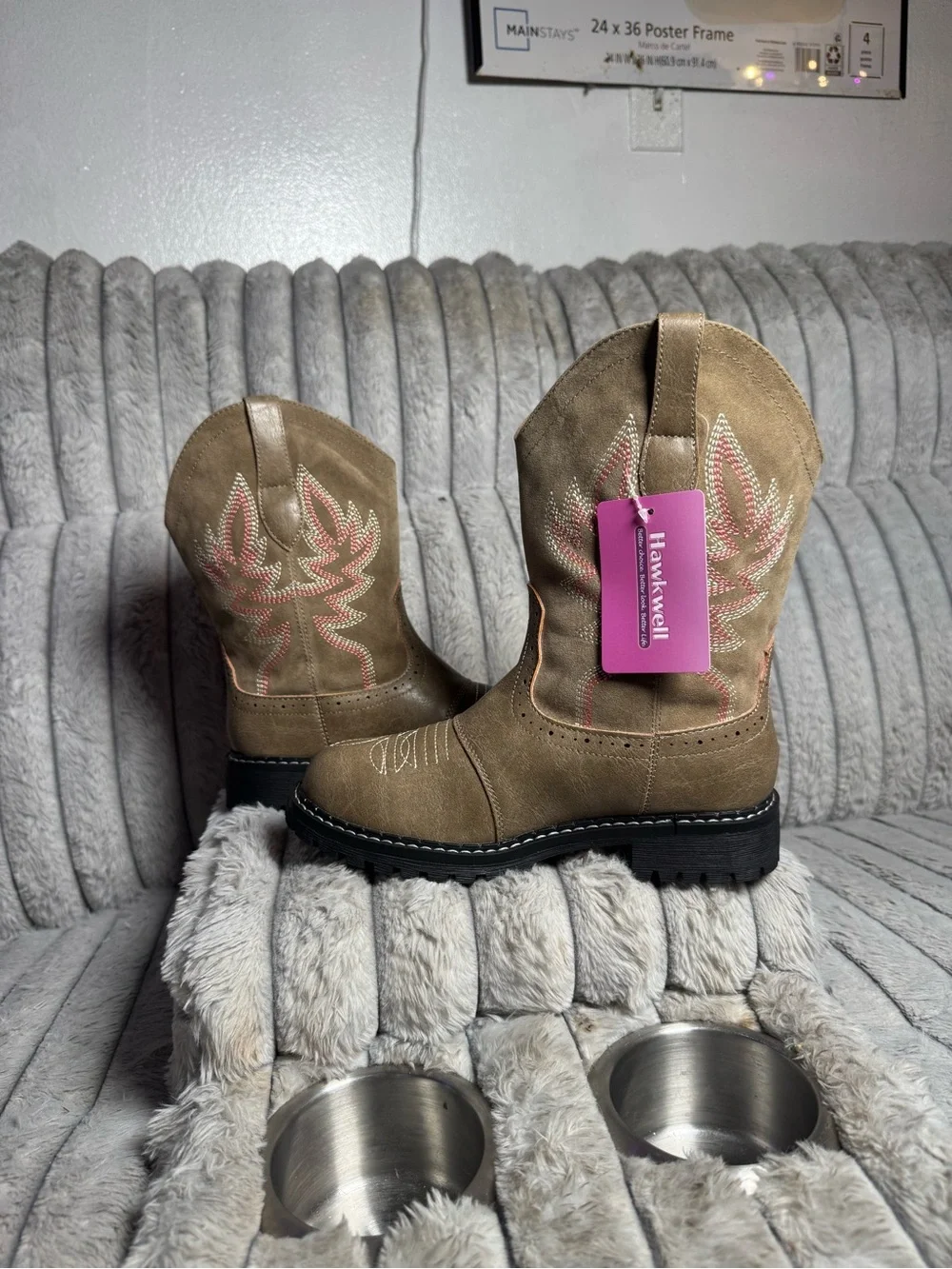 Hawkwell Tan Western Boots with Pink Stitching